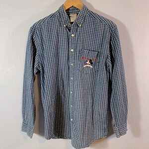 Disney Mickey Mouse vintage dark blue chambray white grid plaid embroidered